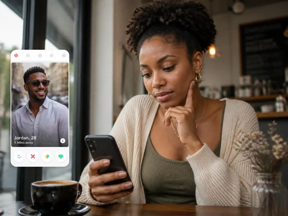 Young woman checking a dating profile photo on her phone