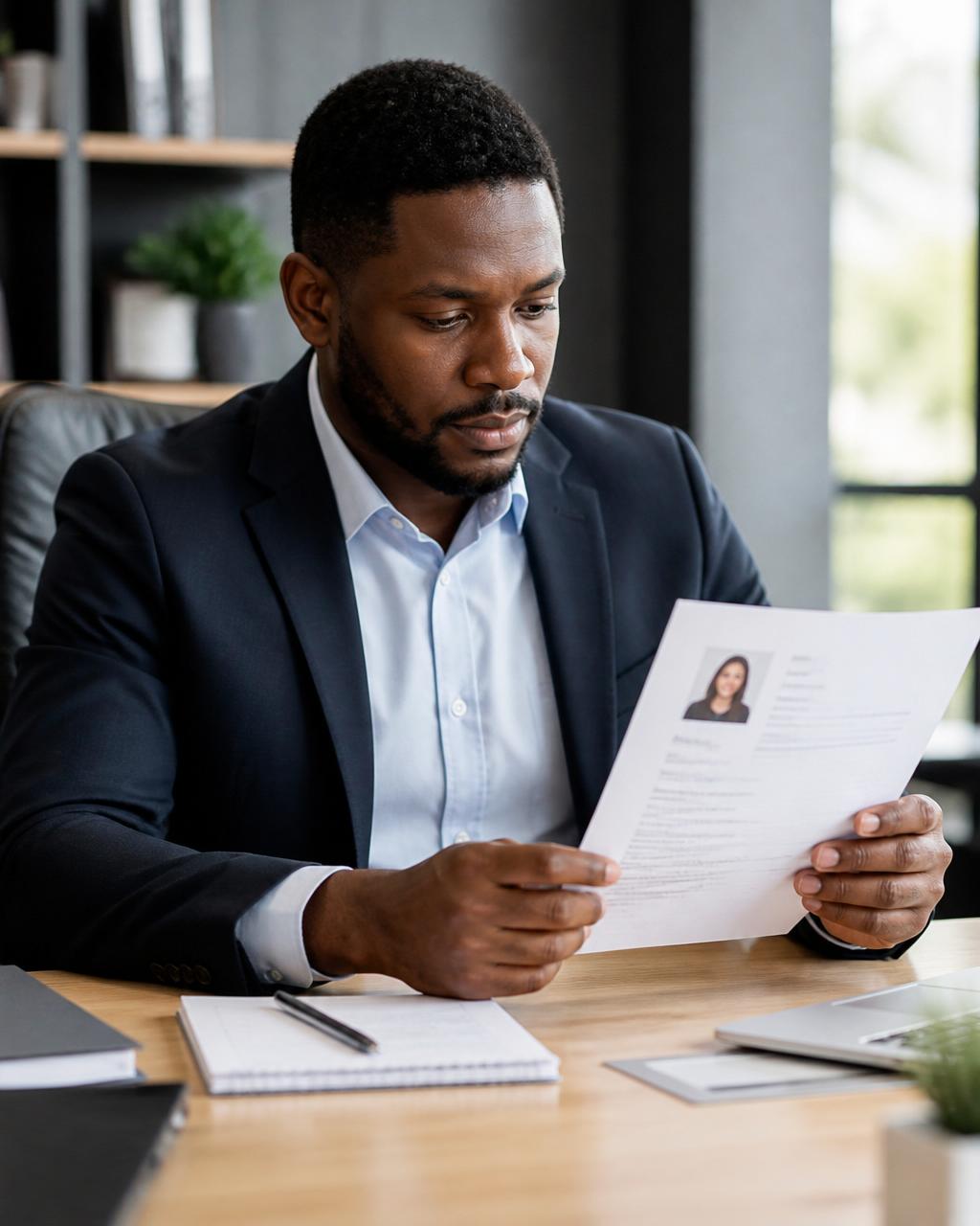 Professional verifying a resume headshot at the office
