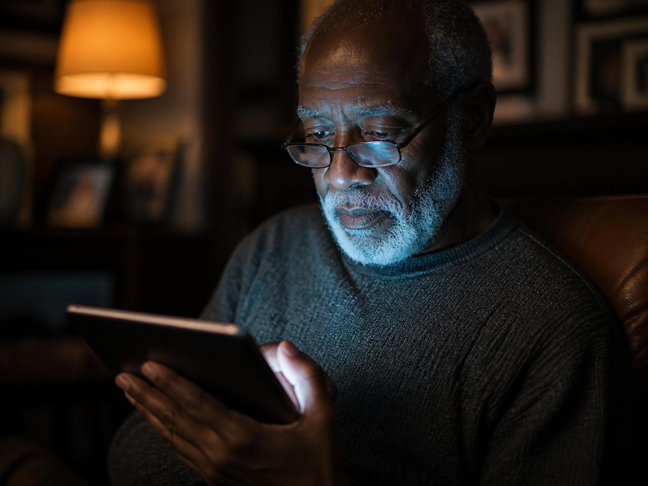 Older man reading on a tablet at home